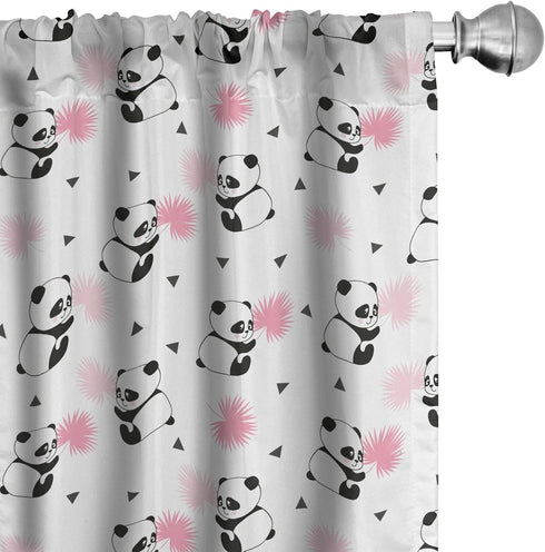 Lunarable Panda Window Curtains, Cartoon Style Bear Drawings with Pinkish Foliage Leaves, 2-Panel Set - 28" x 63", Pink