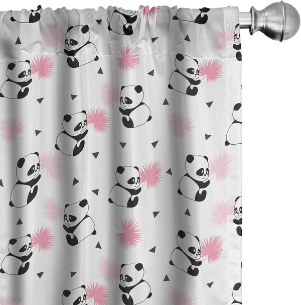 Lunarable Panda Window Curtains, Cartoon Style Bear Drawings with Pinkish Foliage Leaves, 2-Panel Set - 28" x 63", Pink