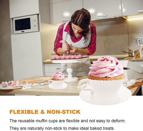 Silicone Muffin Cups for Baking, 16 Pcs Teacup Cupcake Liners, Reusable Muffin Liners, White