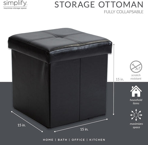 Simplify Faux Leather Folding Storage Ottoman | Single | Collapsible | Tufted Padded Seating | Foot Rest | Bench | Toy