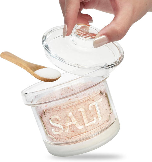 Glass Salt Cellar with Lid Salt Container with Spoon for Countertop Embossed