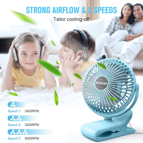 BESKAR Clip on Fan - Portable Small Desk Fan with Strong Airflow, 3 Speeds, USB Powered, Quiet