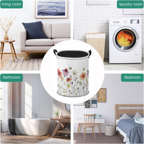 Summer Spring Wildflowers Laundry Hamper Basket, Colorful Floral Printing Collapsible Portable Laundry Bag, Garden
