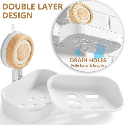2 Pack, 2 Double Layer Soap Dish for Shower Wall Mounted Bar Soap Holder Suction Cup Layer Self Draining Soap Case