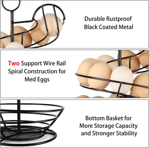 Countertop, QUTREY Black Metal Egg Holder Fresh Egg Skelter, Spiral Design Egg Dispenser Rack with Storage Basket