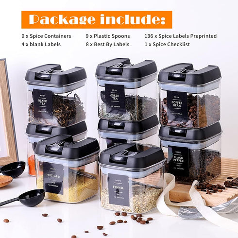 9 16 Oz 148 9 Set Spice Containers with Labels, Pcs Fl Large Plastic Tea Storage Containers with Spice Labels