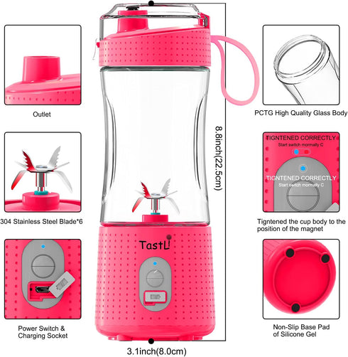 Personal Blender, Portable Juice Blender for Shakes and Smoothies, USB-C Rechargeable, Cordless (Pink)
