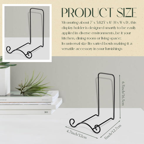 Wrought Iron Bowl Deep Platter Stand Detachable Metal Scroll Display Rack Easel Metal Bowl Display Stand Decorative Display Holder Dish Picture Display Stand Easel, 6.5"H x 4.7"W x 5"D (Black)