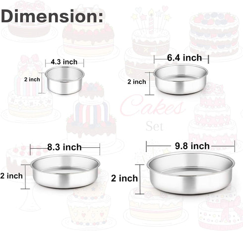 TeamFar Cake Pan, 4'' & 6'' & 8'' & 9 ½'', Stainless Steel Round Cake Pan Tier Baking Cake Pans Set, for Baking Steaming Serving, Healthy & Heavy Duty, Oven Safe & Dishwasher Safe - Set of 4 by TeamFar