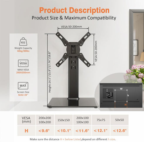 Hemudu 13 39 inch 100 4 88lbs, HT07B-002 Universal Swivel TV Stand/Base Table Top TV Stand for to TVs with Degree