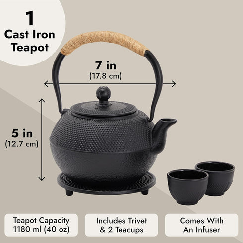 1200 mL, 2 Set Juvale Cast Iron Teapot - Black, Cups - Japanese Tea with Stainless Steel Infuser & Stovetop Kettle