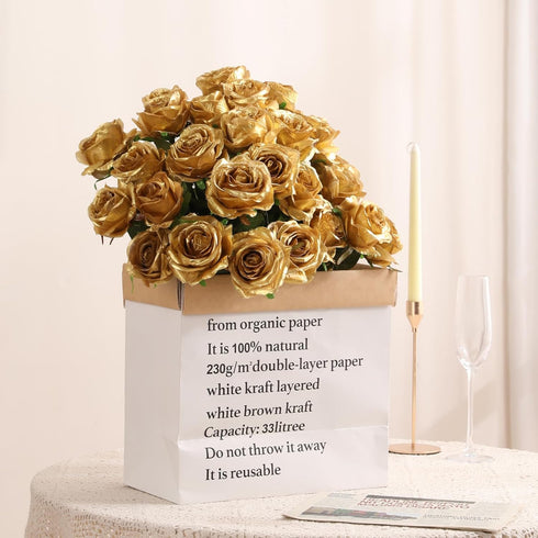 Veryhome 10 Pcs Gold Silk Roses - Artificial Bridal Wedding Bouquet, Real Touch Floral Decor for Christmas Party