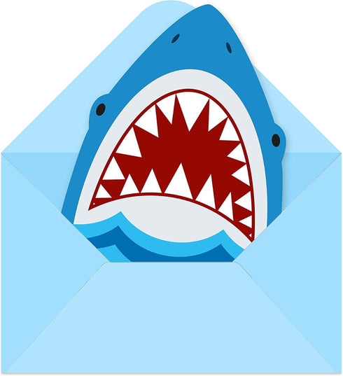 Yangmics Direct 25 Pack Shark Birthday Party Invitations with Envelopes, Double Sided Fill-In