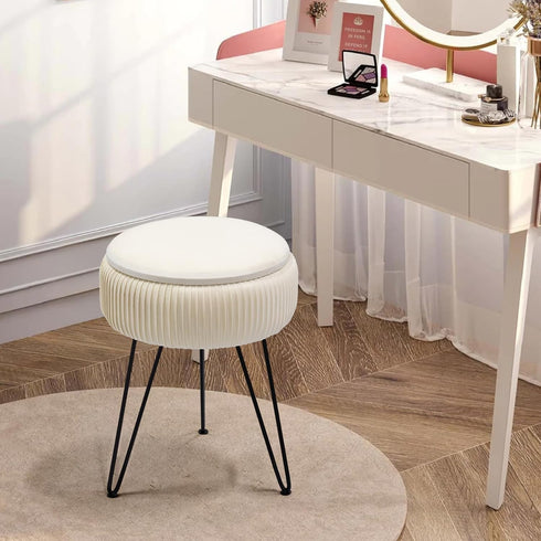 Velvet Vanity Stool with Storage, Round Ottoman Vanity Chairs with Anti-Slip Feet, Dressing Table Seat Foot Stool