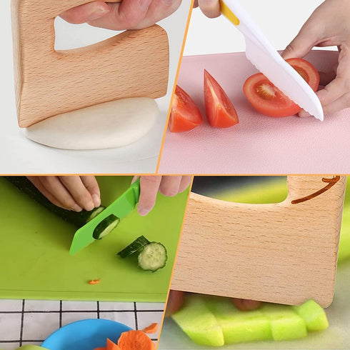 Leking 8 Pcs Wooden Kitchen Knife Set for Kids, Safe Knives, Potato Slicers, and Cutting Board