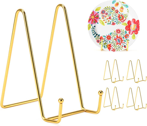 6 Inch Plate Stands for Display, 5 Pack Gold Metal Frame Easel Holder for Pictures and Books
