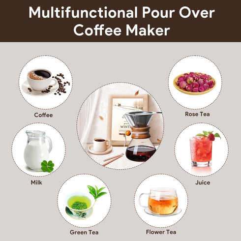 Tissting Wood Neck Pour Over Coffee Maker, 400ml Sleeve Brewer with Permanent Stainless Steel Filter