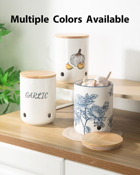 40 Oz Ceramic Garlic Keeper with Lid, Large Garlic Holder, Garlic Storage Container, Blue and White