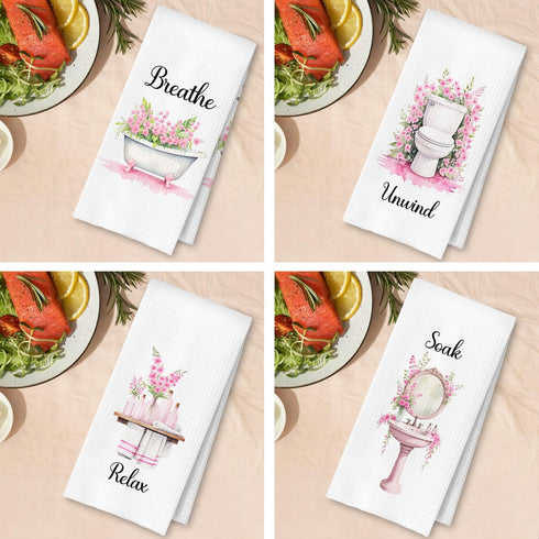 ArtisaEura 16x24 Inches Set 4 Farmhouse Pink Botanical Bathroom Hand Towels, Relax Breathe Soak Unwind Botanical