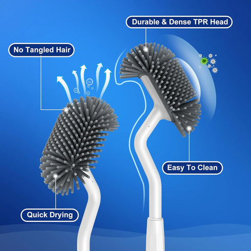 HAMITOR Toilet Bowl Brush Holder Set: Deep Cleaning Silicone Scrubber with Curved Bristle for Bathroom Dead Corner Clean