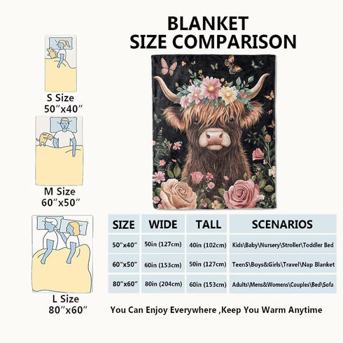 60x80in Highland Cow Blanket Cute Cattle with Floral Crown Throw Blankets,Gifts for Kids Adult Women Men,Lightweight
