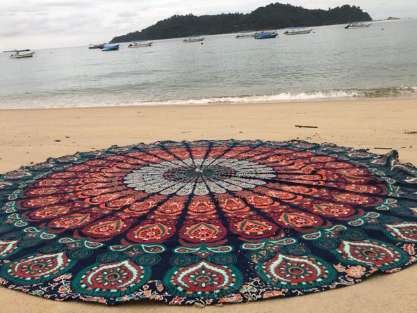 raajsee Round Beach Tapestry, 70 Inch Blue Orange Mandala Throw, Boho Hippie Blanket, Yoga Mat, Picnic Rug