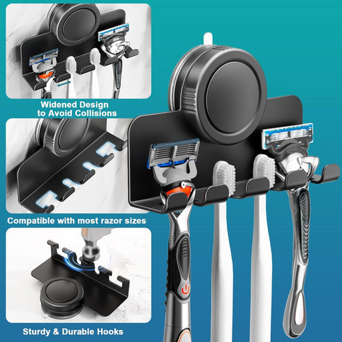 2-Pack Suction Cup Hooks, Razor Holder for Shower, Matte Black Shaver Holder Waterproof No Drill Adhesive Hanger