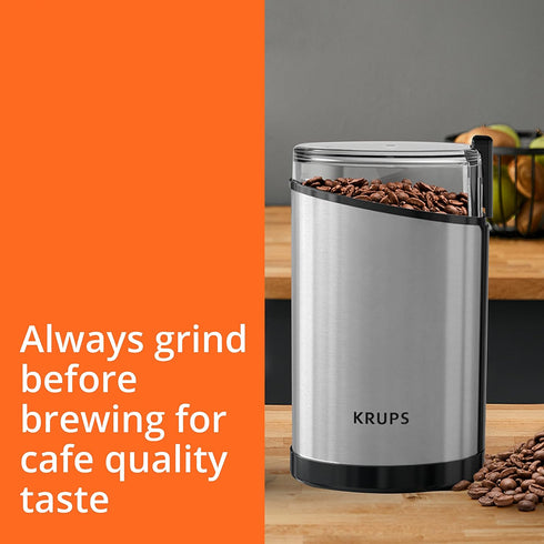 Krups Fast-Touch Coffee Grinder, 3oz Bean Hopper, One Touch Operation, 200 Watts, Espresso and Spice Grinder, Silver