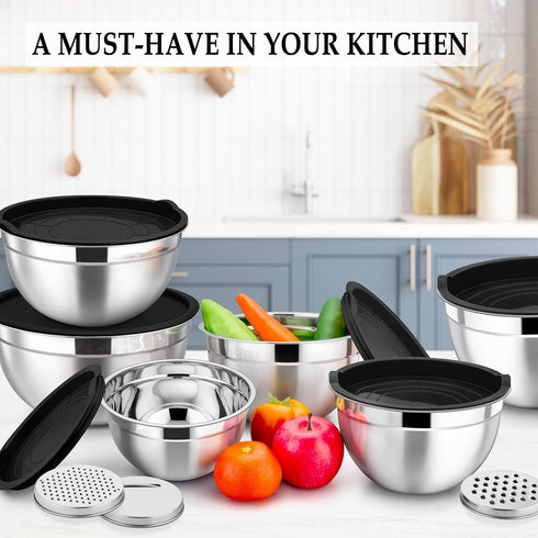 TeamFar Set of 6 Mixing Bowls, Stainless Steel Nesting Salad Bowls with 3 Grater Attachments for Cooking Prepping