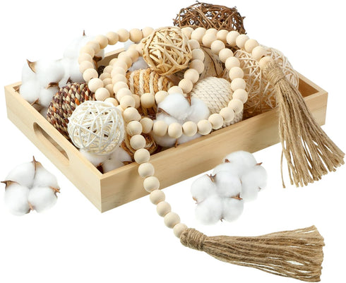 Jutom 20 Pieces Decorative Balls for Bowls, Assorted Decorative Balls Set, Bowl Decorative Filler and 58 Inches Wood Bead Garland with Tassels for Vase Bowl Filler Table Decoration (Wood Color)