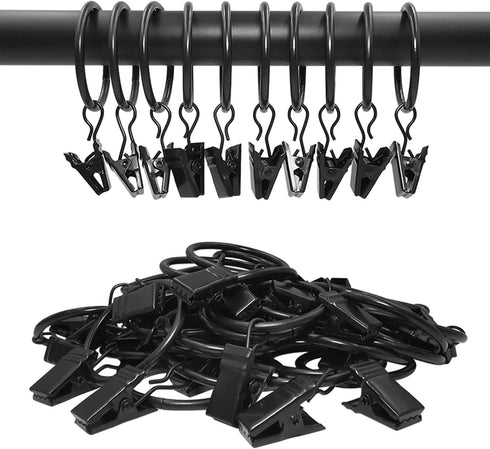 40 Pack Curtain Rings with Clips, Drapery Clips with Rings, Fits up to 1 in Curtain Rod, Black