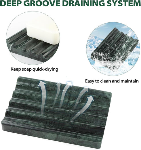 2PCS Koville Indian Natural Green Marble Soap Dish for Shower, Stone Soap Tray for Bathroom, Marble Bar Soap Holder