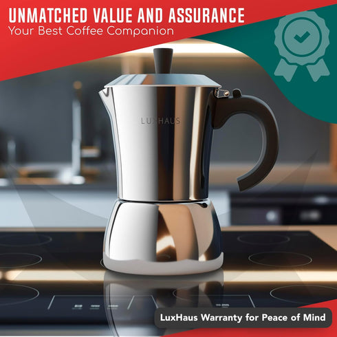 6 100% LuxHaus Moka Pot - Cup Stovetop Espresso Coffee Maker - Stainless Steel Italian and Cuban Mocha Coffee Maker
