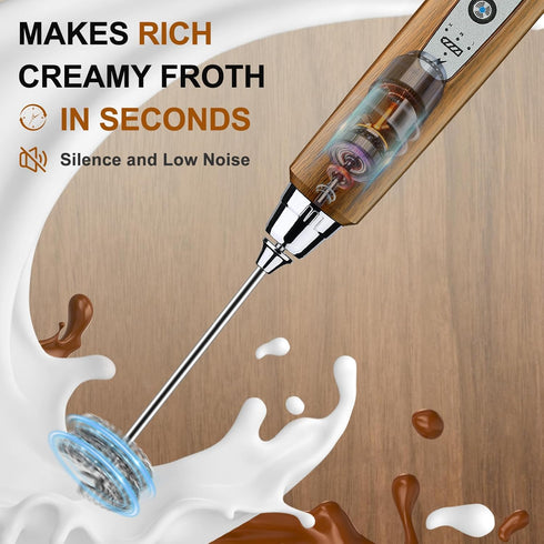 YUSWKO Wood Grain Handheld Milk Frother Wand, Rechargeable Electric Whisk with 3 Heads, 3 Speeds Drink Mixer for Coffee