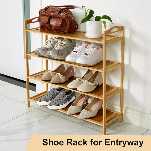 4 Closet (27.5" 9.25" 27.1") Tier Bamboo Shoe Rack, Free Standing Shoe Racks, Shoes Rack Organizer, Bamboo Wood Shoe