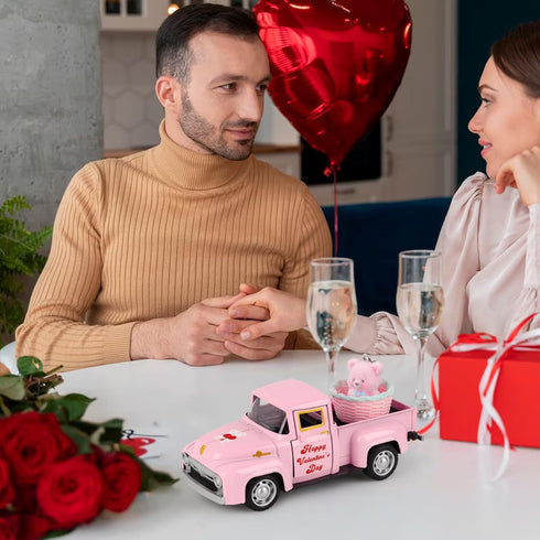 Hooqict Pink Valentines Day Mini Metal Truck with Flower Basket Romantic Love Heart Truck for Valentine's Day Gifts