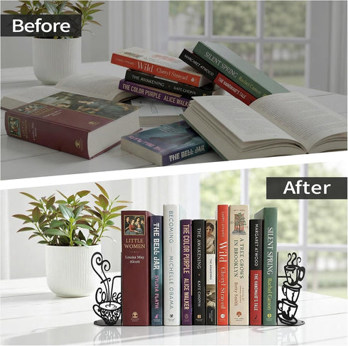 ENCIMART Metal Bookends Creative Coffee Bookends Decorative Cute Kitchen Book Ends for Shelves Bookshelf Home Office