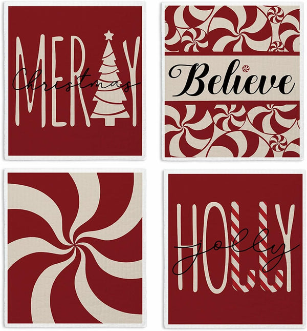 VONTP Swedish Dishcloths for Kitchen, Christmas Xmas Red Dish Rags Kitchen Dish Towels
