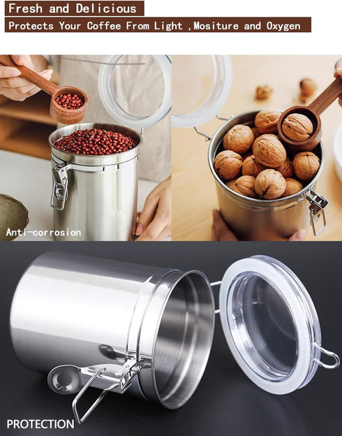 4 (1.8L Silver-4) Coffee Canister Pcs Stainless Steel Food Container with Clear Lids Airtight Container Stackable