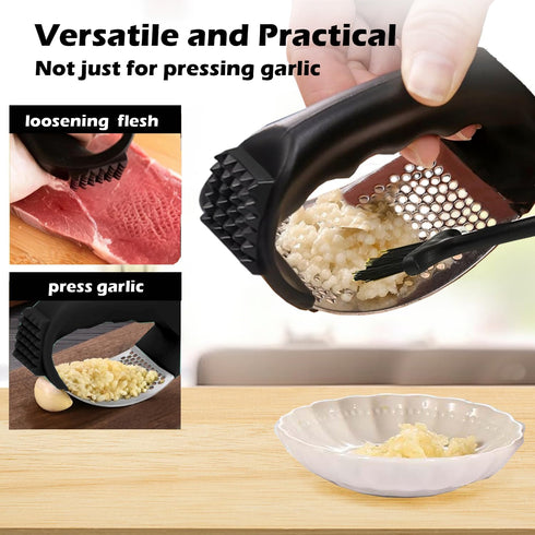 SetStainless Garlic Press Rocker Steel Garlic Mincer Tool with Garlic Peeler and Cleaning Brush Kitchen Gadgets