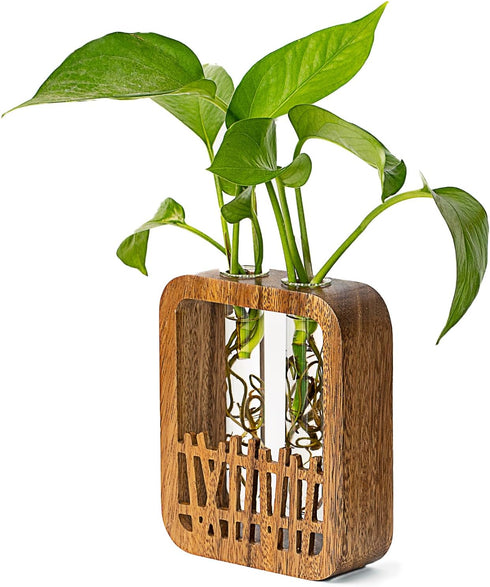 Walnut Wood Terrarium Planter - 2 Glass Test Tube Vase & Boho