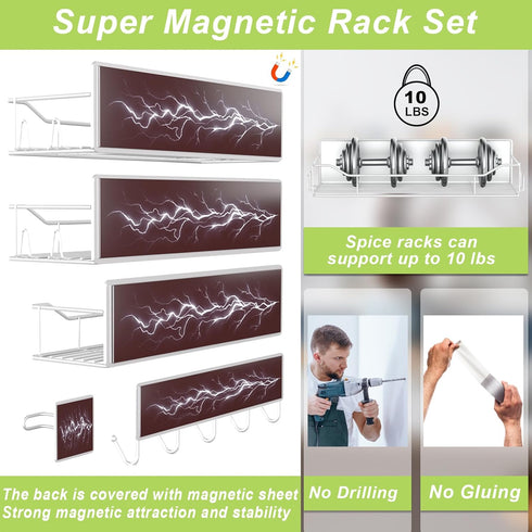 IYEBAU 9 Pack Magnetic Spice Rack for Refrigerator, Magnetic Fridge Shelves W/Adjustable Paper Towel Holder, Hook Rack