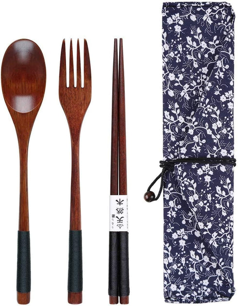 Wooden Chopsticks Spoon Fork Set, Japanese Style Tableware Travel Utensils with Pouch for Camping and Office