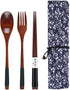 Wooden Chopsticks Spoon Fork Set, Japanese Style Tableware Travel Utensils with Pouch for Camping and Office