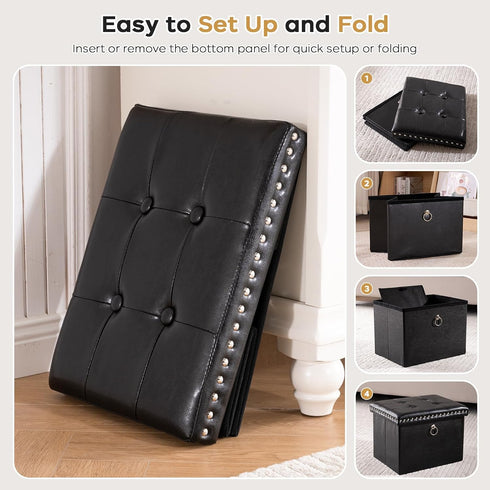 16x12x12 oakvivo Small Storage Ottoman Foot Rest Stool, in Foldable Leather Footstool Storage Bench with Rivet Design