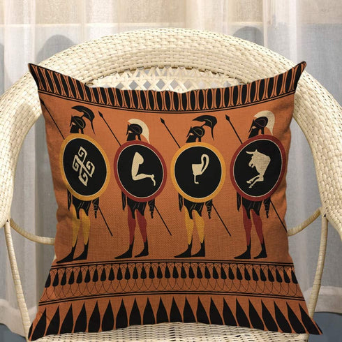 Mugod Ancient Greek Pillowcase, Black-Figured Greek Warrior with Spear and Shield, 18"x 18" Cotton Linen