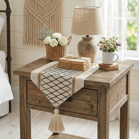 12 46 Inches, yuboo Boho Table Runner Triangular End * Coffee Table Runner with Tassels, Macrame Dresser Runners Scarf