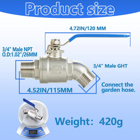 304 3/4 Inch 3/4" Stainless Steel NPT Male Hose Bib,Heavy Duty Outdoor Faucet, Male GHT Threaded, Lead-Free, Full Flow