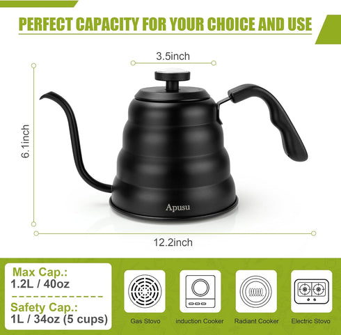 Black Gooseneck Tea Kettle with Thermometer, 40 floz/1200ml Premium Stainless Steel Pot for Pour Over Coffee