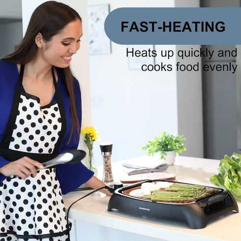 OVENTE Electric Indoor Grill, 13x10 Inch Non-Stick Surface, 1000W Fast Heat, Adjustable Temperature, Dishwasher Safe